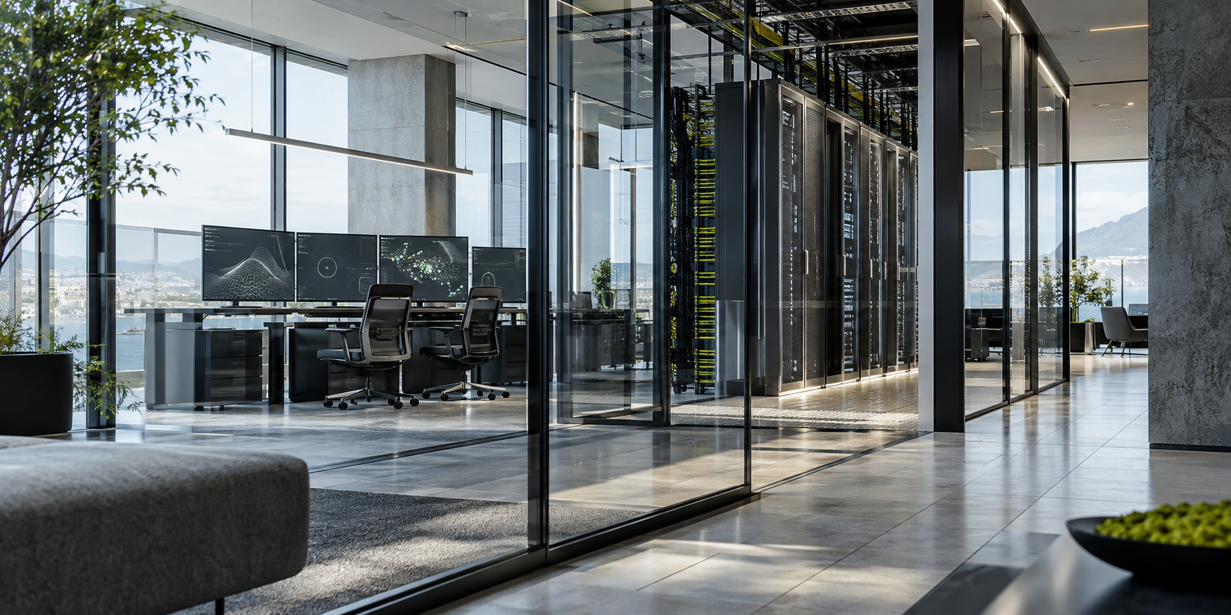 Bright technical workspace with organized systems and cloud infrastructure