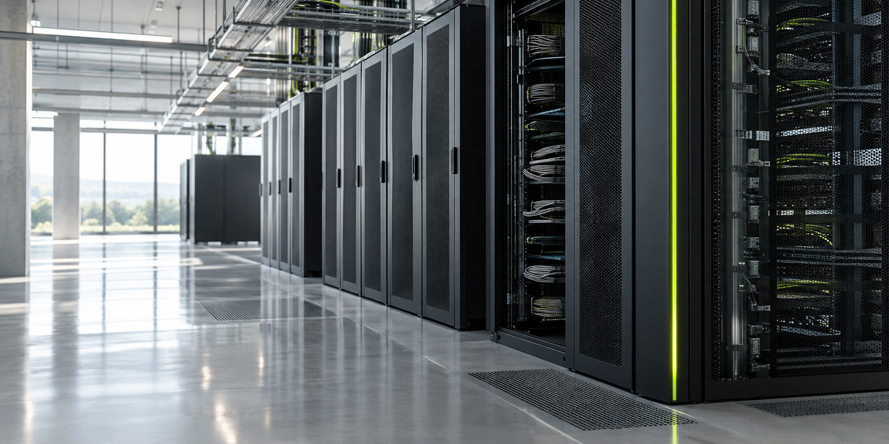 Bright data-center aisle showing organized infrastructure and network cabling